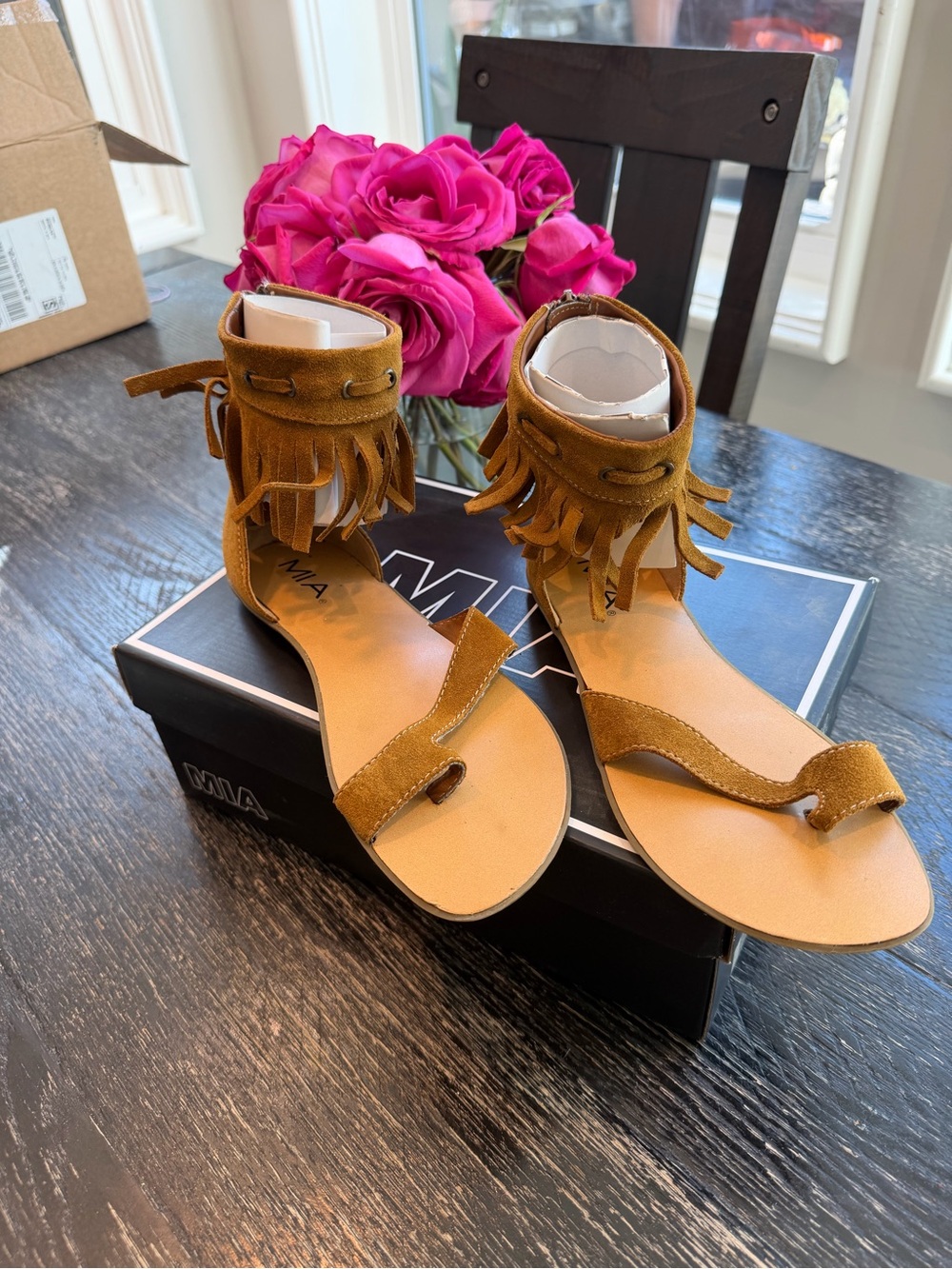 MIA Fringe Ankle-Strap Sandals in Tan Brown